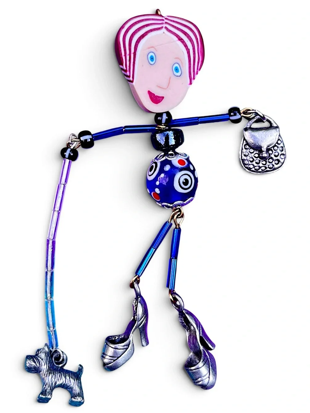 Vintage 90s Whimsical Polymer Clay Girl Walking Dog Dangle Pin Brooch